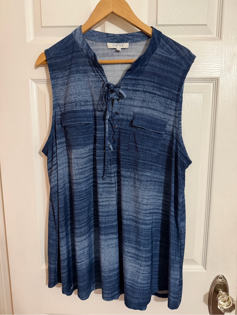 Women's Blue Sleeveless Lace-Up Tunic Top,2XL